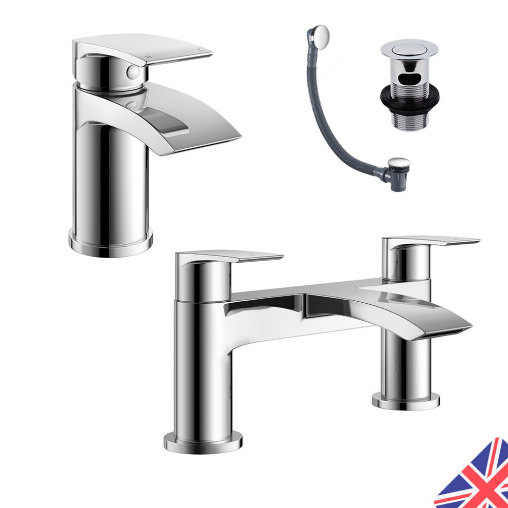 Square Waterfall Chrome Bath Filler Mixer & Basin Sink Mono Tap Inc Waste