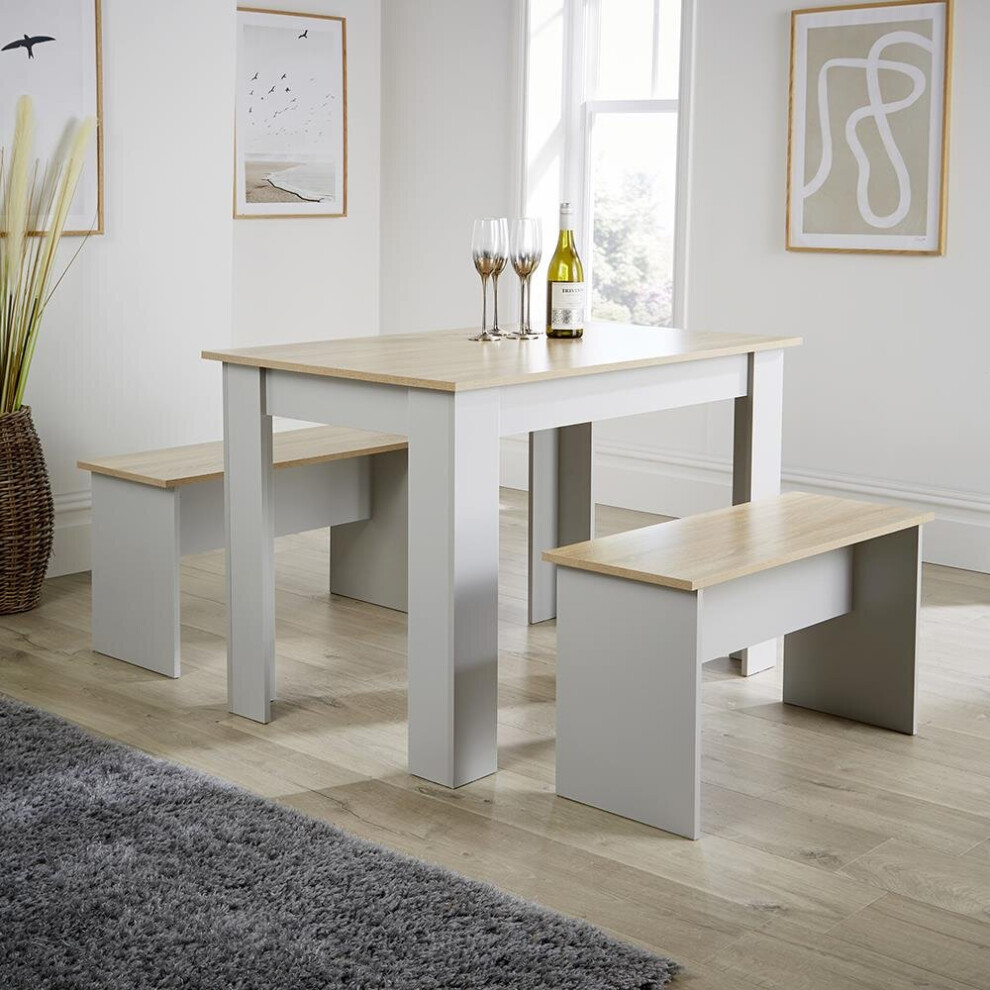 Home Source Camden Kitchen Breakfast Dining Table & 2 Bench Set - Panels, Sonoma Oak Top, Compact Size Grey