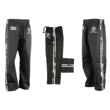 (150 cm) KRAV MAGA COMBAT TROUSERS - BLACK W/ 2 CAMO STRIPES COTTON