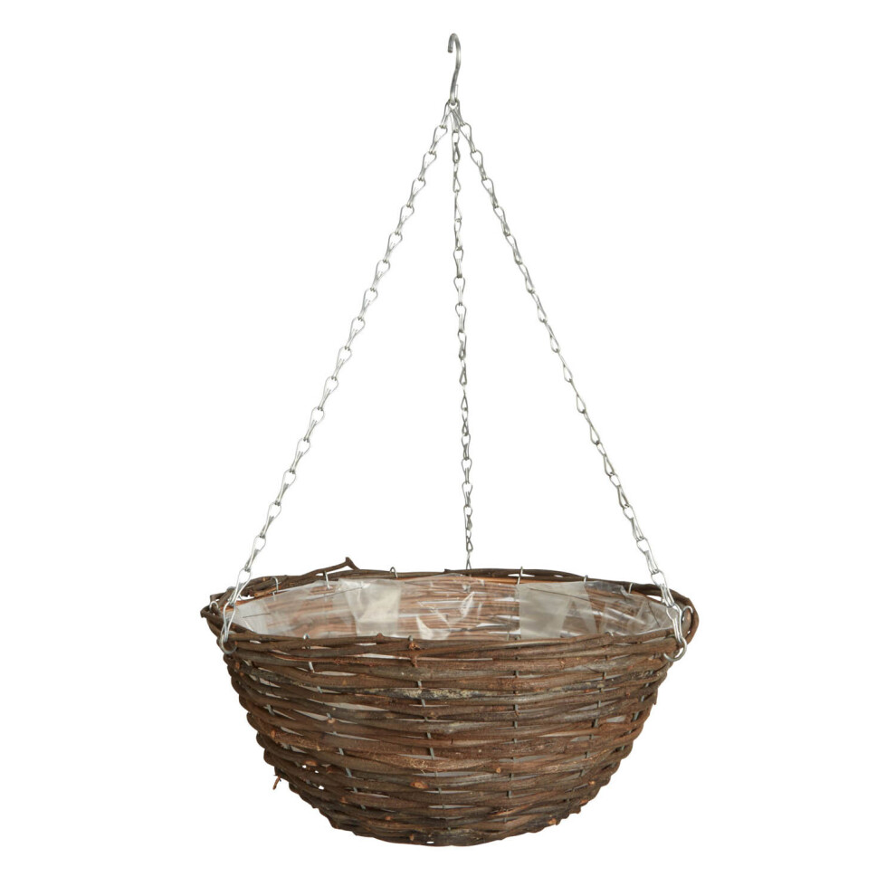 Kingfisher 12 Inch Dark Rattan Hanging Basket Wire Chain Wicker Garden Plants
