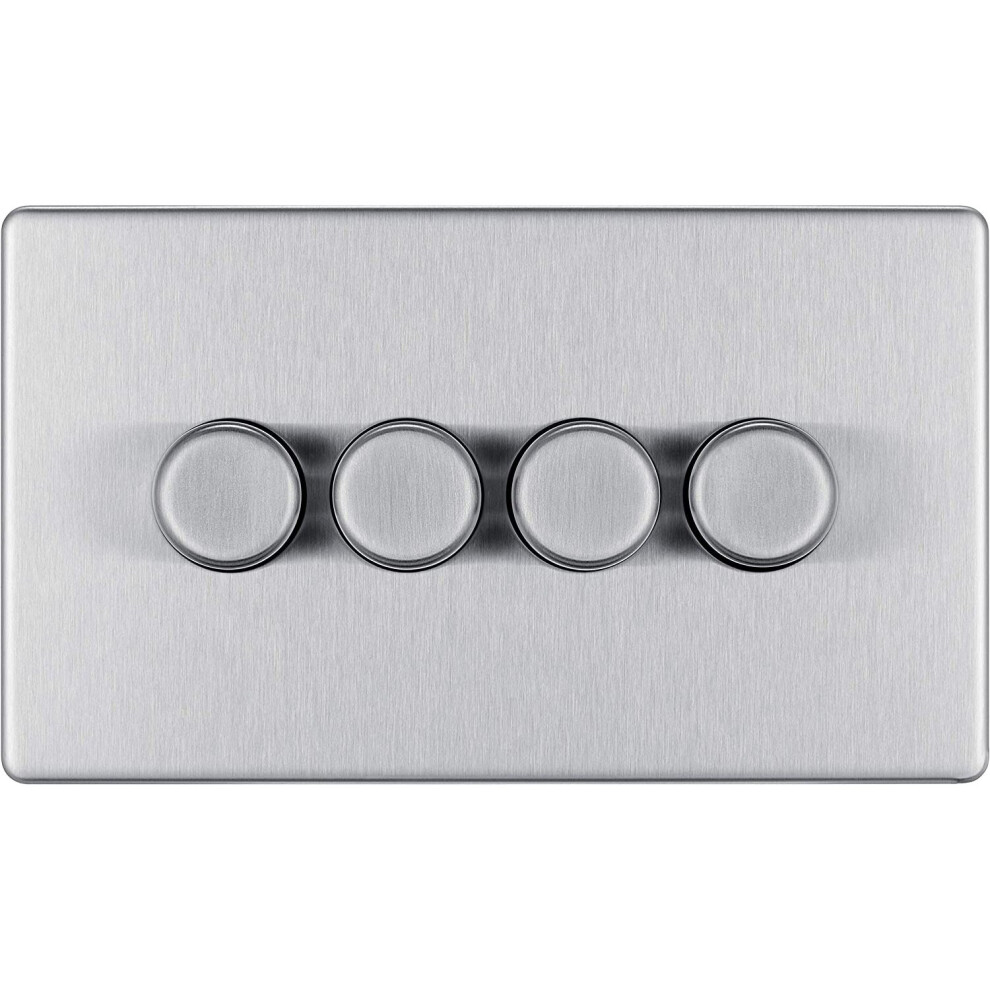 Bg Electrical Fbs84p Four Round Push Button Dimmer Light Switch, Brushed Steel, Flat Plate, 2-Way, 400 Watts 5050765006576