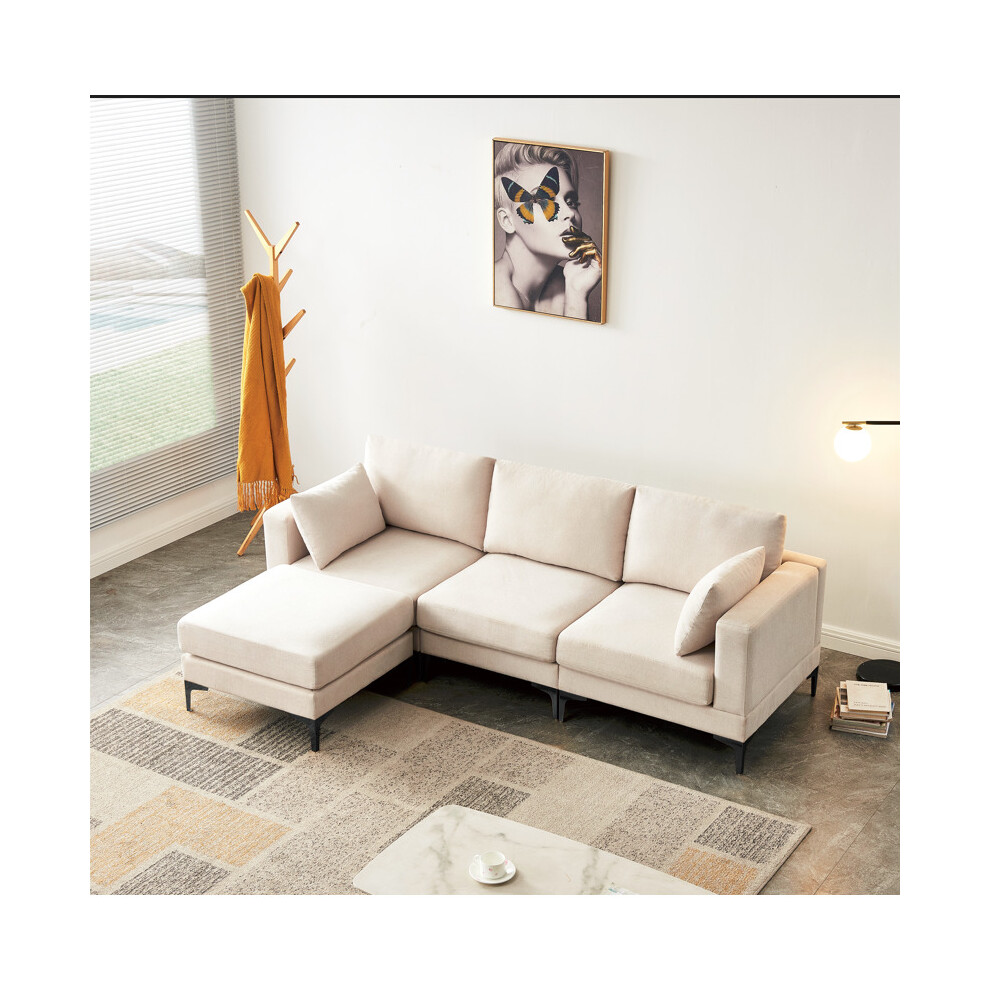 (Beige, 3 Seaters with Ottoman) Multifunction sofa with sleeping function ,Modern 3 seater Sofa Fabric Padded Seat Footstool Grey/Beige 235*80cm Corne