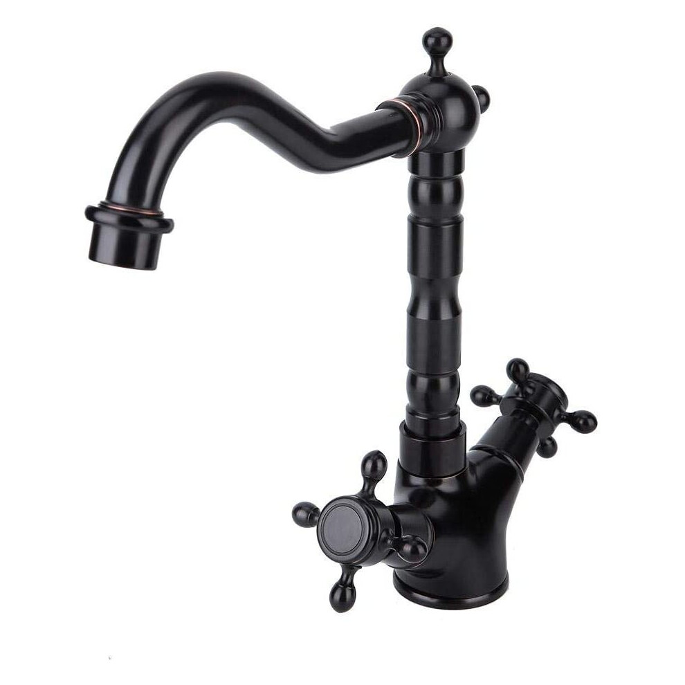 Sink Faucet, 360° Swivel Spout Hot&Cold Brass Water Tap, European Style Vintage Dual Handle Lever Black Kitchen&Bathroom Faucet(G1/2" )