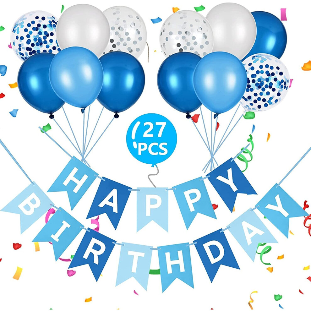Vicloon Happy Birthday Banner Birthday Decoration Kit, 27Pc Birthday Bunting With Latex/Sequined Balloons, Triangle Flag Banner And Confetti Blue