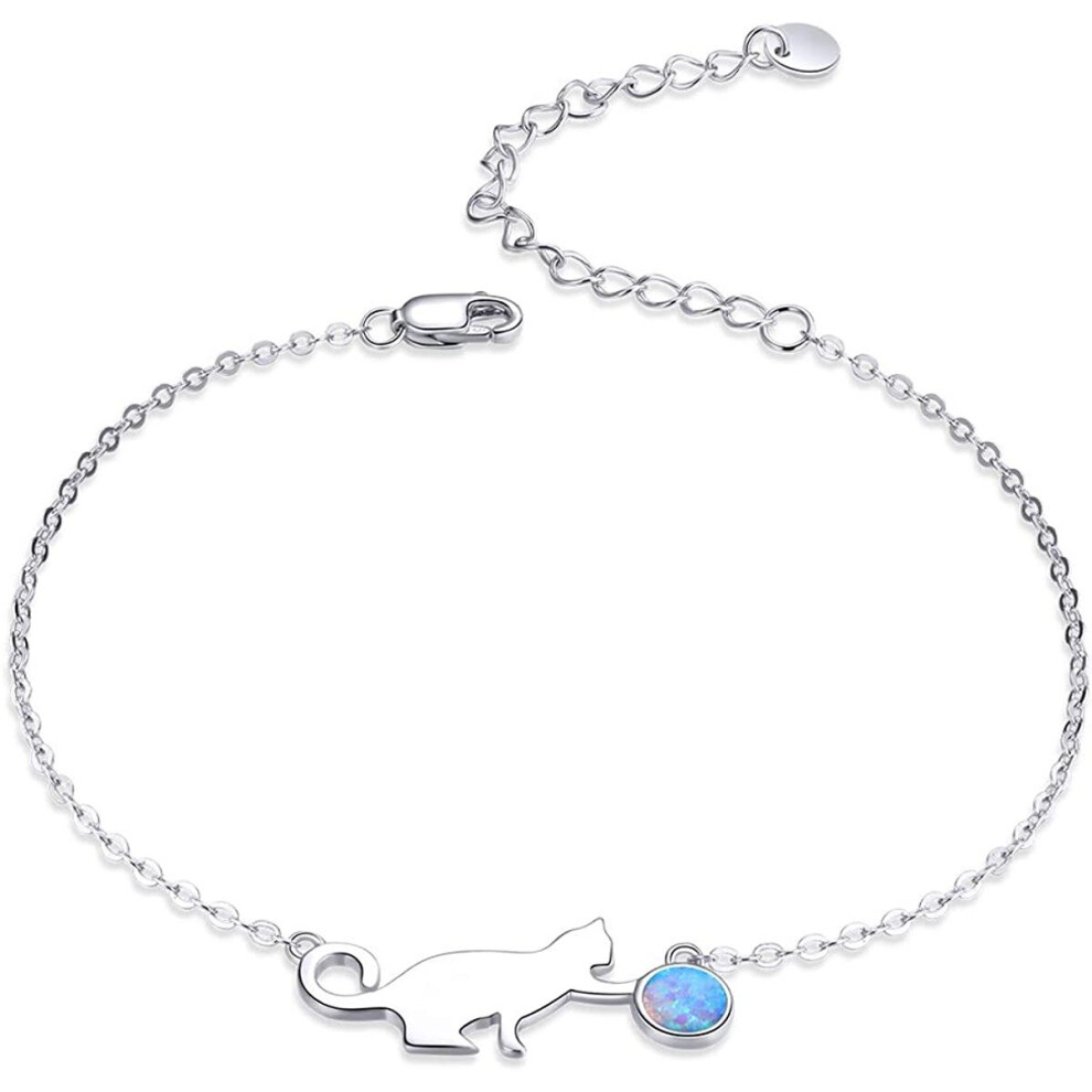 NewL 925 Sterling Silver Naughty Cat Opal Link Bracelet for Women Luxury Fine Jewelry Female Gifts