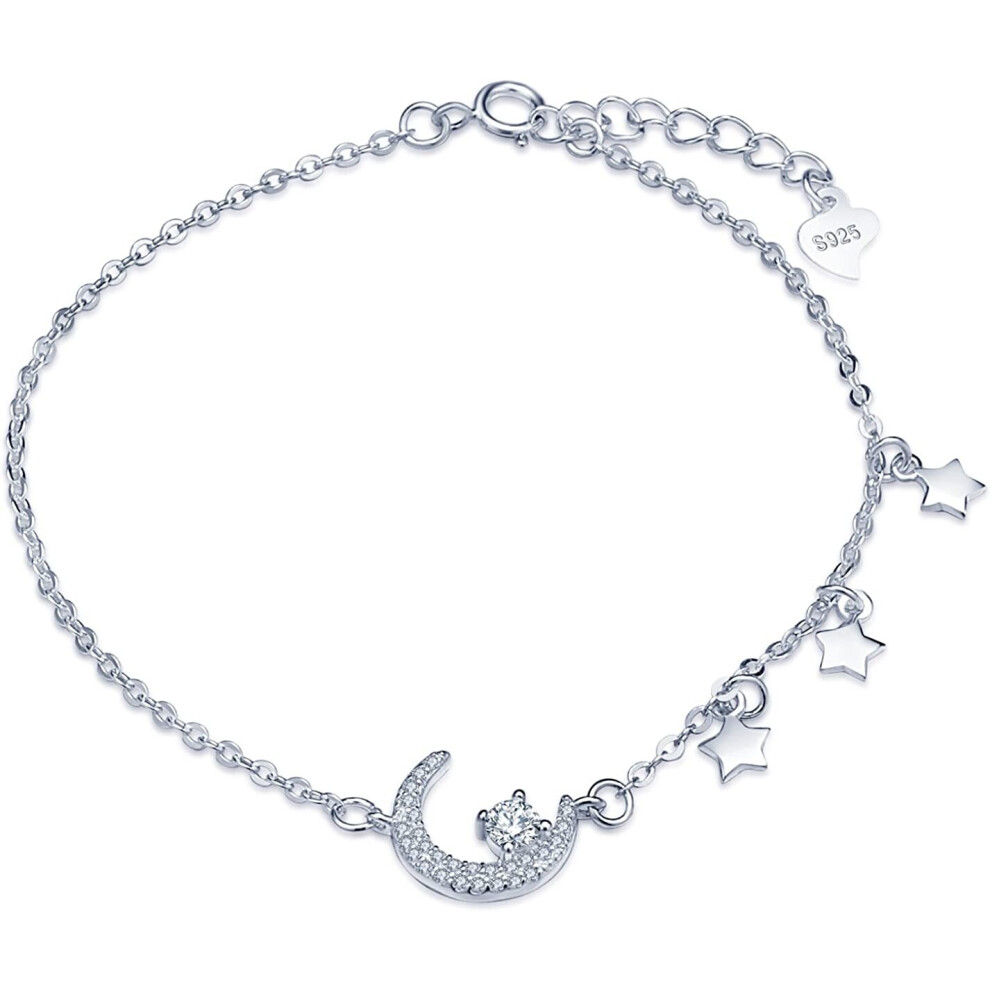 Yumilok 925 Sterling Silver Cubic Zirconia Moon and Star Charm Bracelet for Women/Teenager/Girls