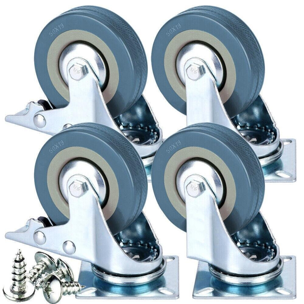 4 x Heavy Duty Braked 50mm Rubber Swivel Castor Wheel Trolley