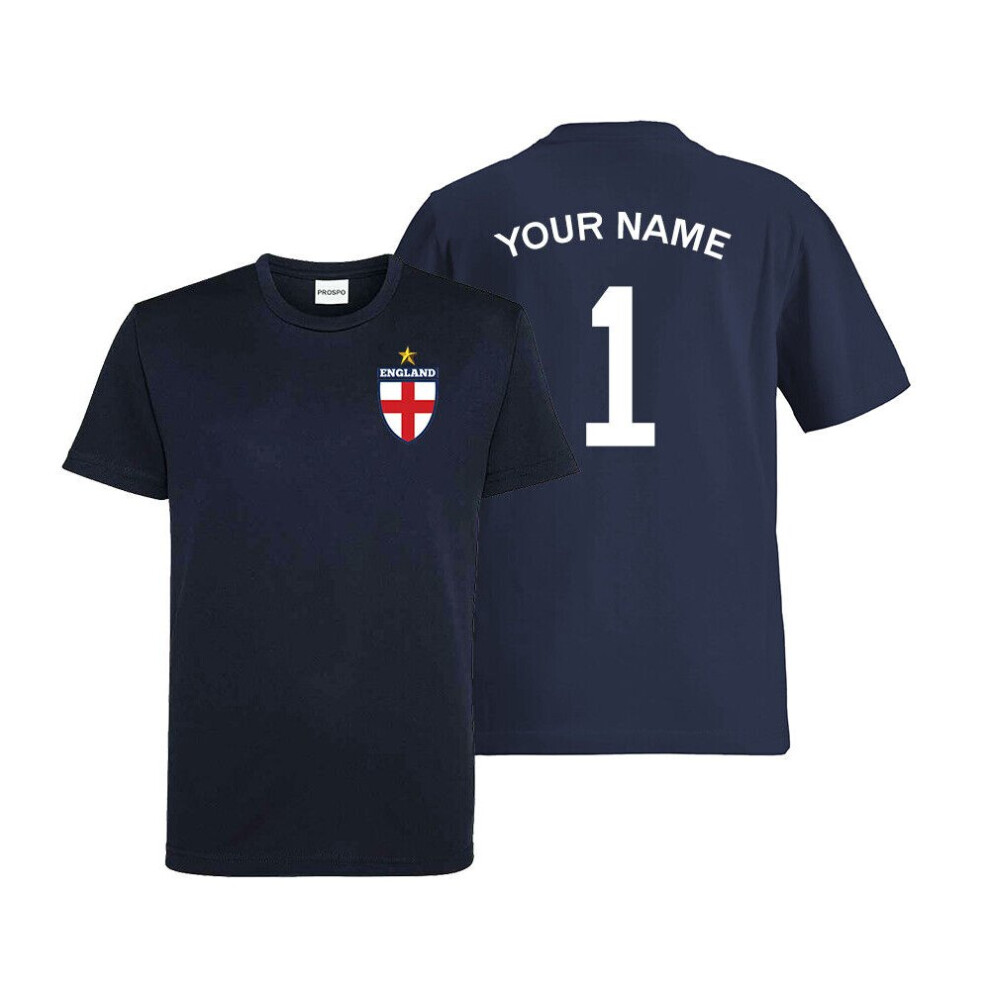 (12-13 Years, French Navy) Personalised England Flag Badge Football Shirt Kids Custom Name & Number T-Shirt