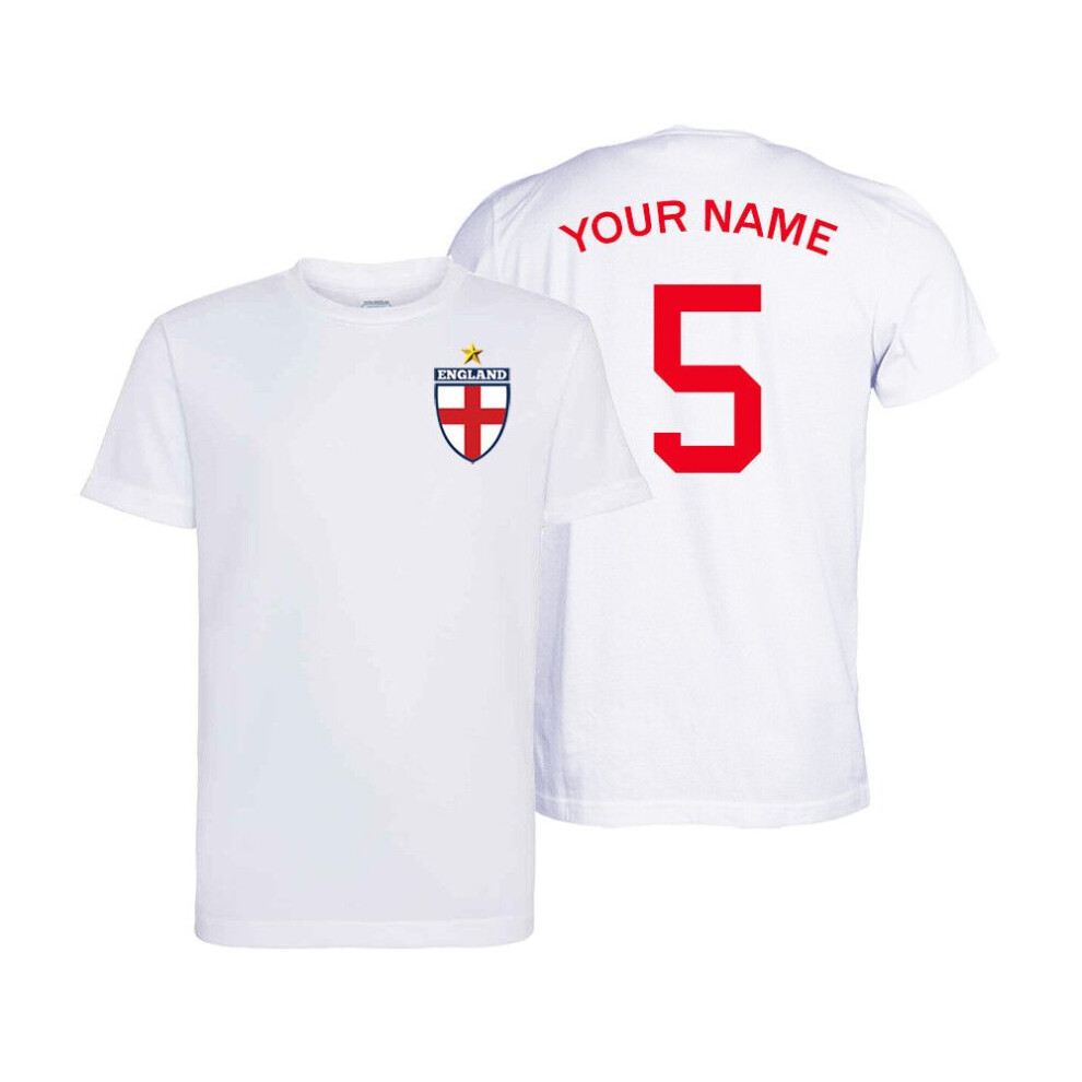 (9-11 Years, White) Personalised England Flag Badge Football Shirt Kids Custom Name & Number T-Shirt