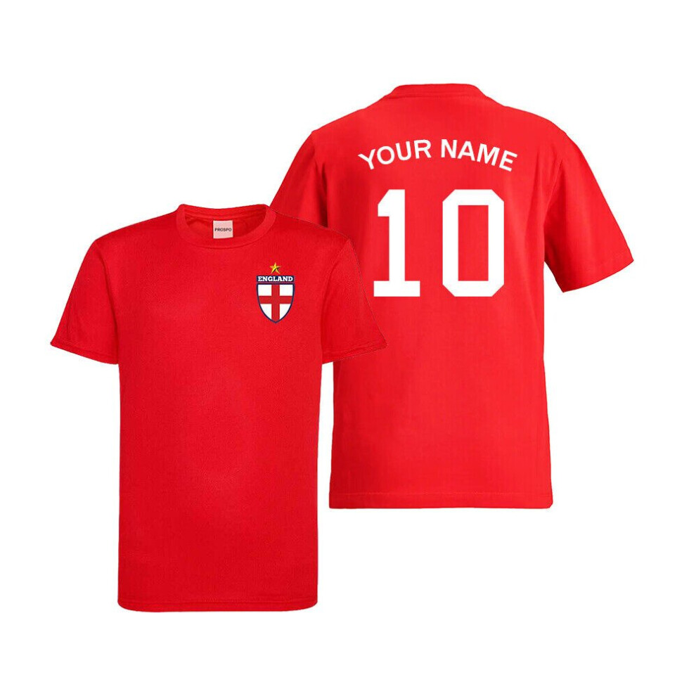 (12-13 Years, Fire Red) Personalised England Flag Badge Football Shirt Kids Custom Name & Number T-Shirt