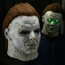 Michael Myers Halloween LED Latex Mask with Alpaca Wig for Cosplay & Party - Breathable, Non-Toxic Latex, Green LED, One Size 50-60 cm