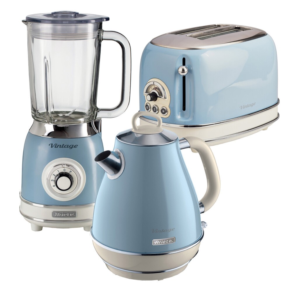 Ariete ARPK24 Retro Style Jug Kettle, Toaster & Jug Blender Set, Vintage Design, Blue