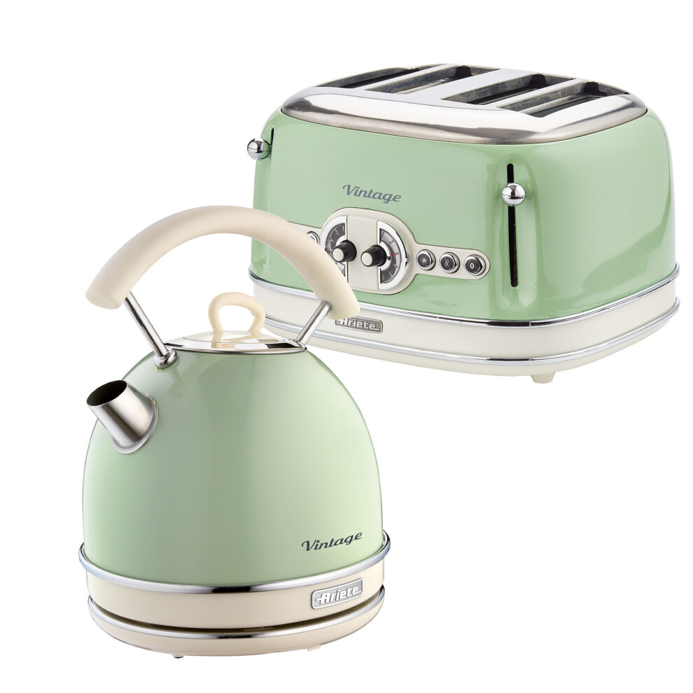 Ariete ARPK40 Retro Style Dome Kettle and 4 Slice Toaster Set, Vintage Style, Green