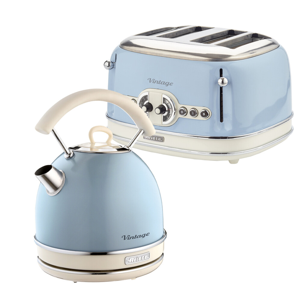 Ariete ARPK41 Retro Style Dome Kettle and 4 Slice Toaster Set, Vintage Style, Blue