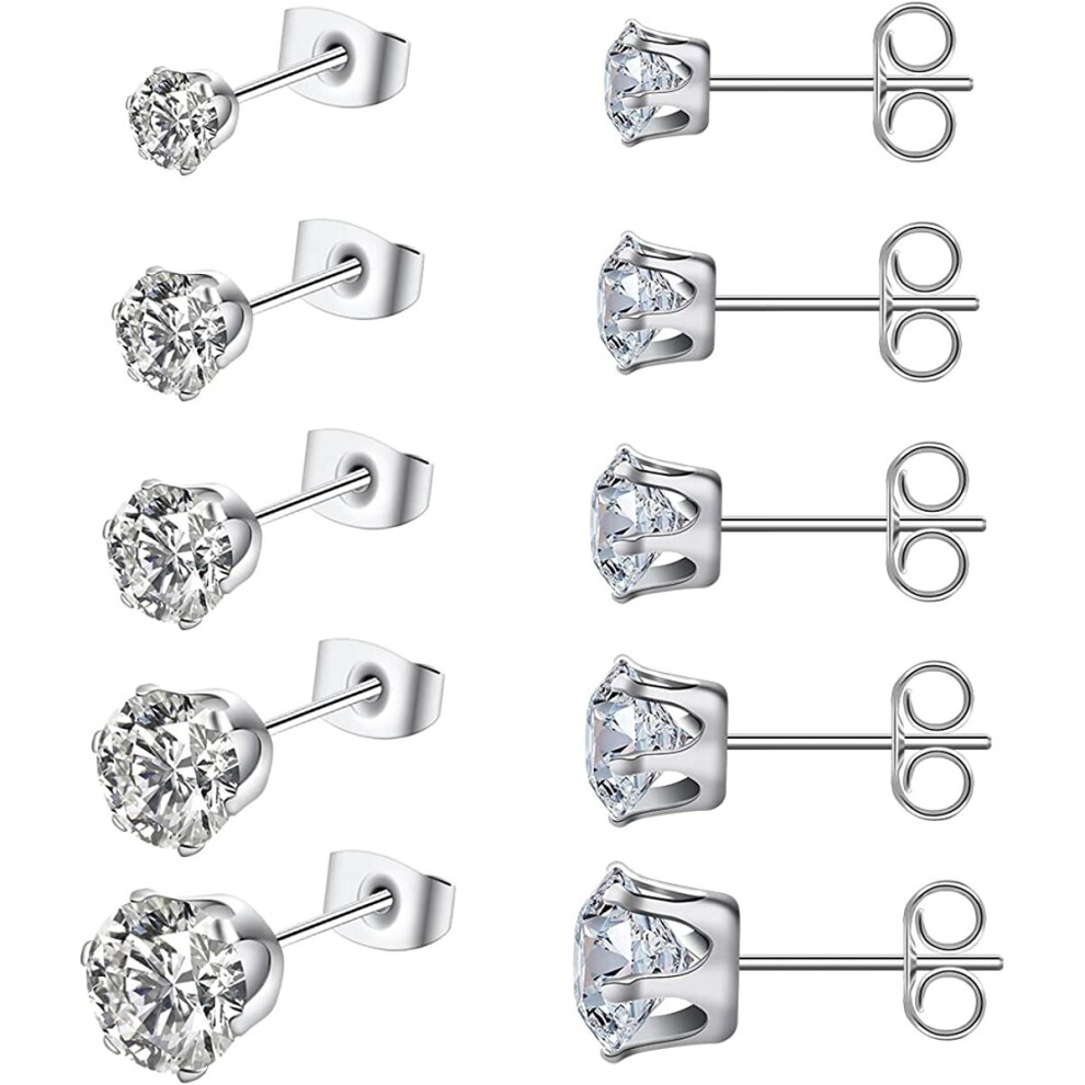 6 Pairs Silver Stud Earrings Set 925 Sterling Silver Clear Cubic Zirconia Stud Earrings Set, Hypoallergenic Small Sleeper Cartilage Studs, Earrings