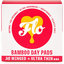 FLO Organic Bamboo Period Pads for Women - Ultra-Thin with Wings, Biodegradable, 16-Count