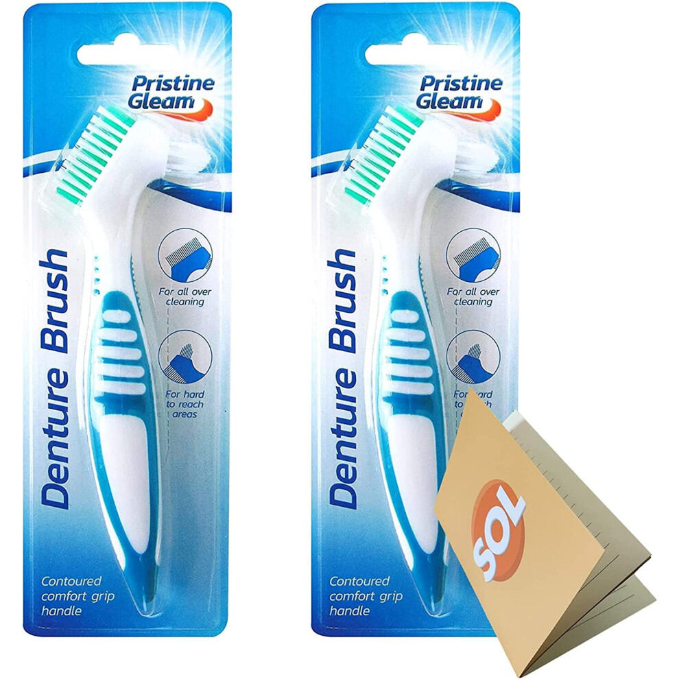 2pk Denture Toothbrush | Denture Cleaner with Multi-Layered Soft Bristles and Dual Angled Brush Heads | Includes SOL Notebook