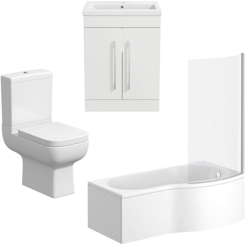 Modern Bathroom Suite RH P Shape Bath Screen Toilet Basin Sink Vanity Unit White