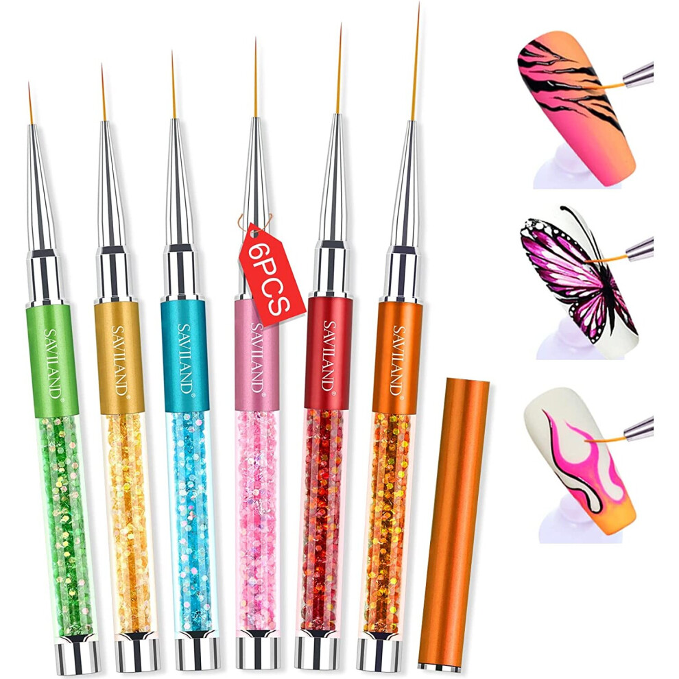 Saviland Nail Art Brushes- 6pcs Nail Gel Polish Painting Nail Design Brush Pen Set with Crushed Diamond Rhinestones Handle for Pulling Lines,