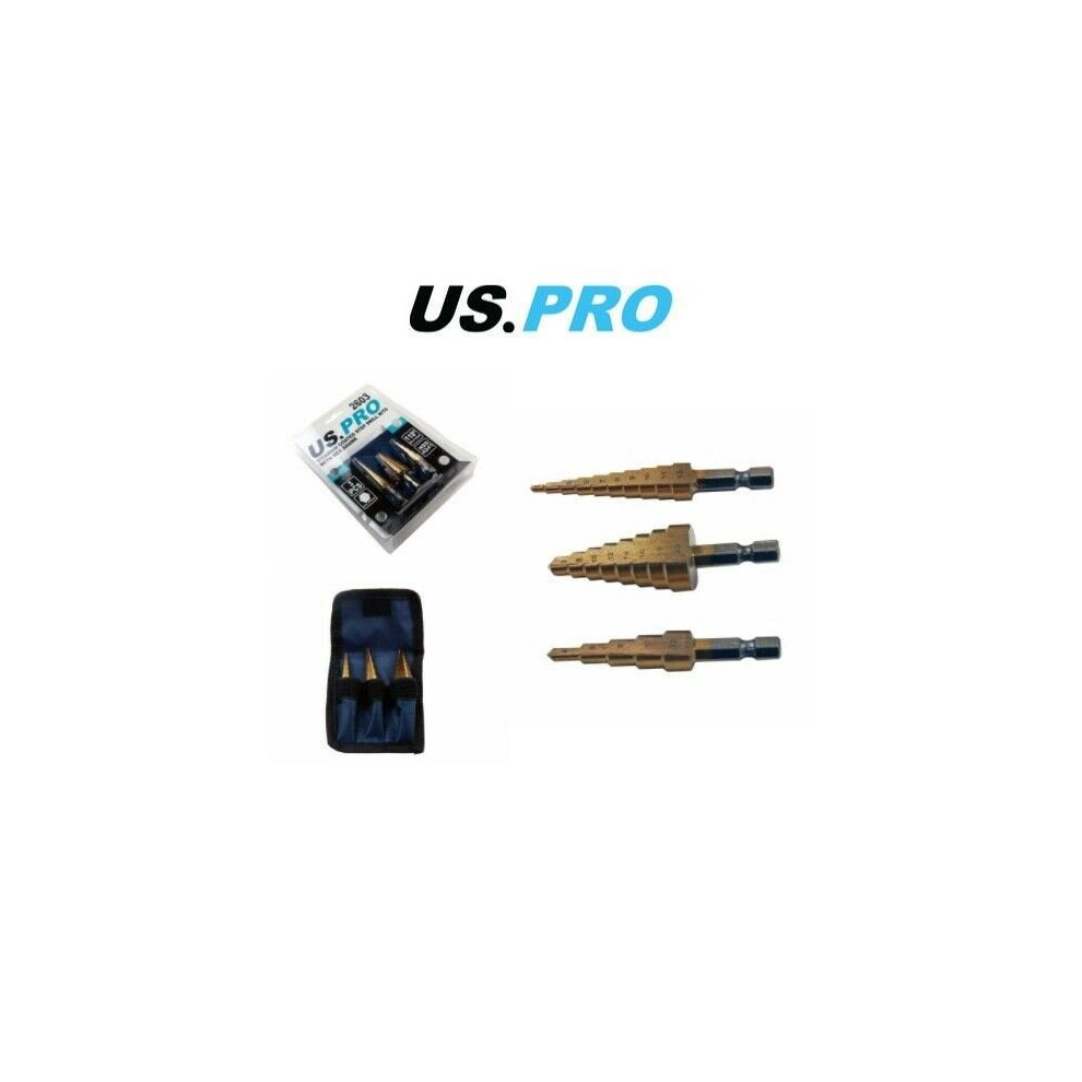 Us Pro 3Pc Hss Step Drill Titanium Coated Hex Shank 2603