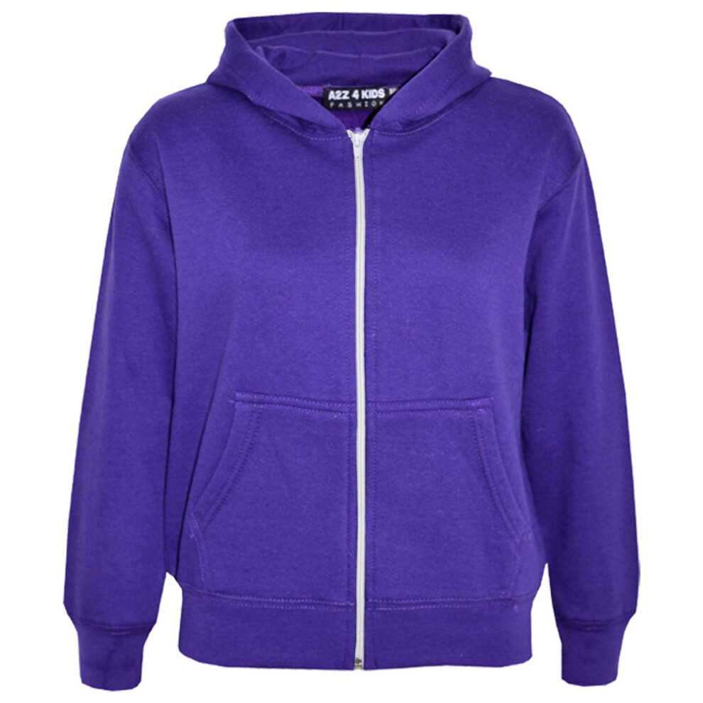 (11-12 Years, Purple) Kids Girls Boys Plain Fleace Zip Up Style Hoodie