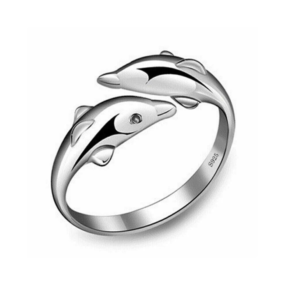 (Dolphin) Women Girls Dolphin Hug, Star Adjustable Ring 925 Sterling Silver Jewellery Gift