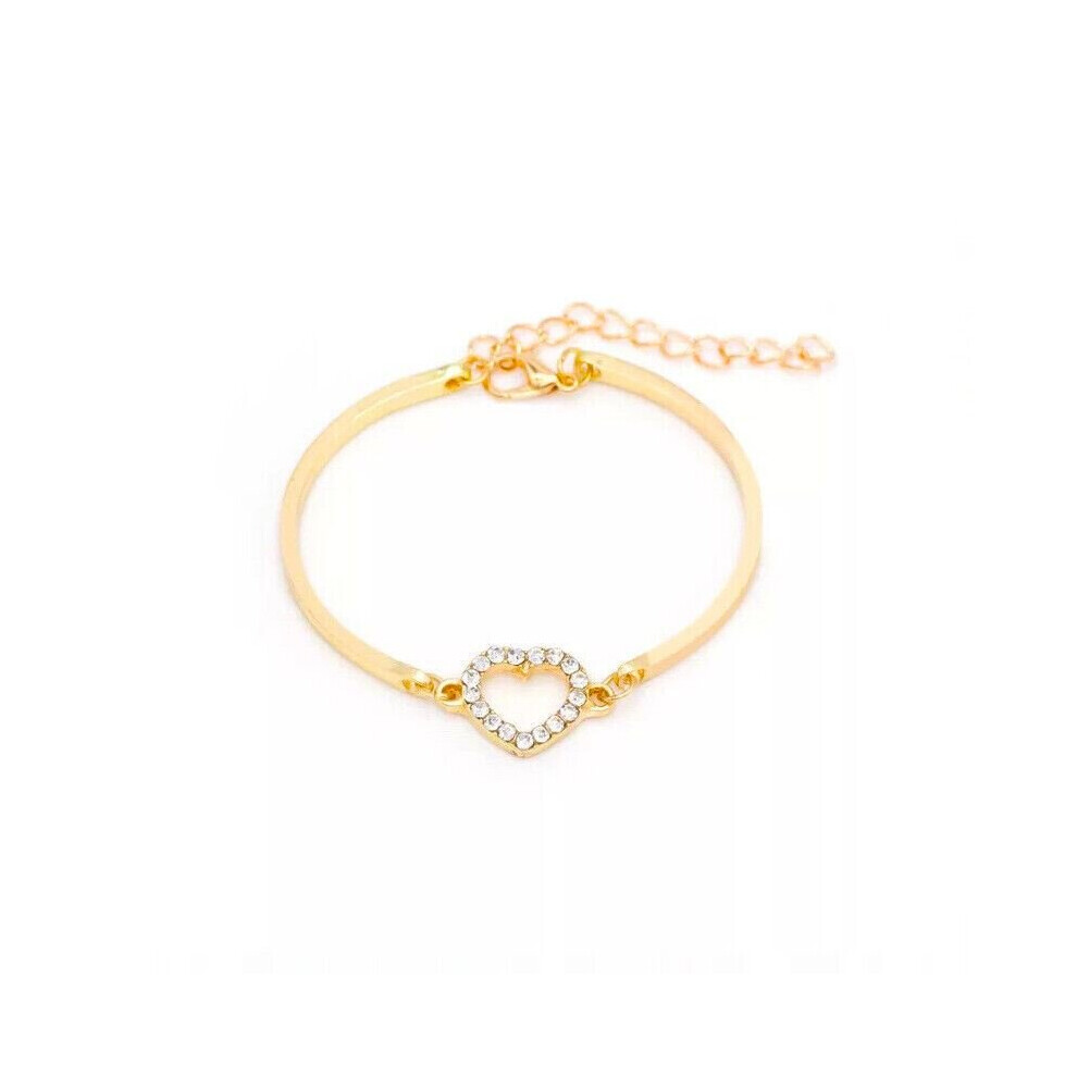 (Gold) Women Silver Gold Heart Adjustable Ladies Cristal Bangle Bracelet Jewellery Gift