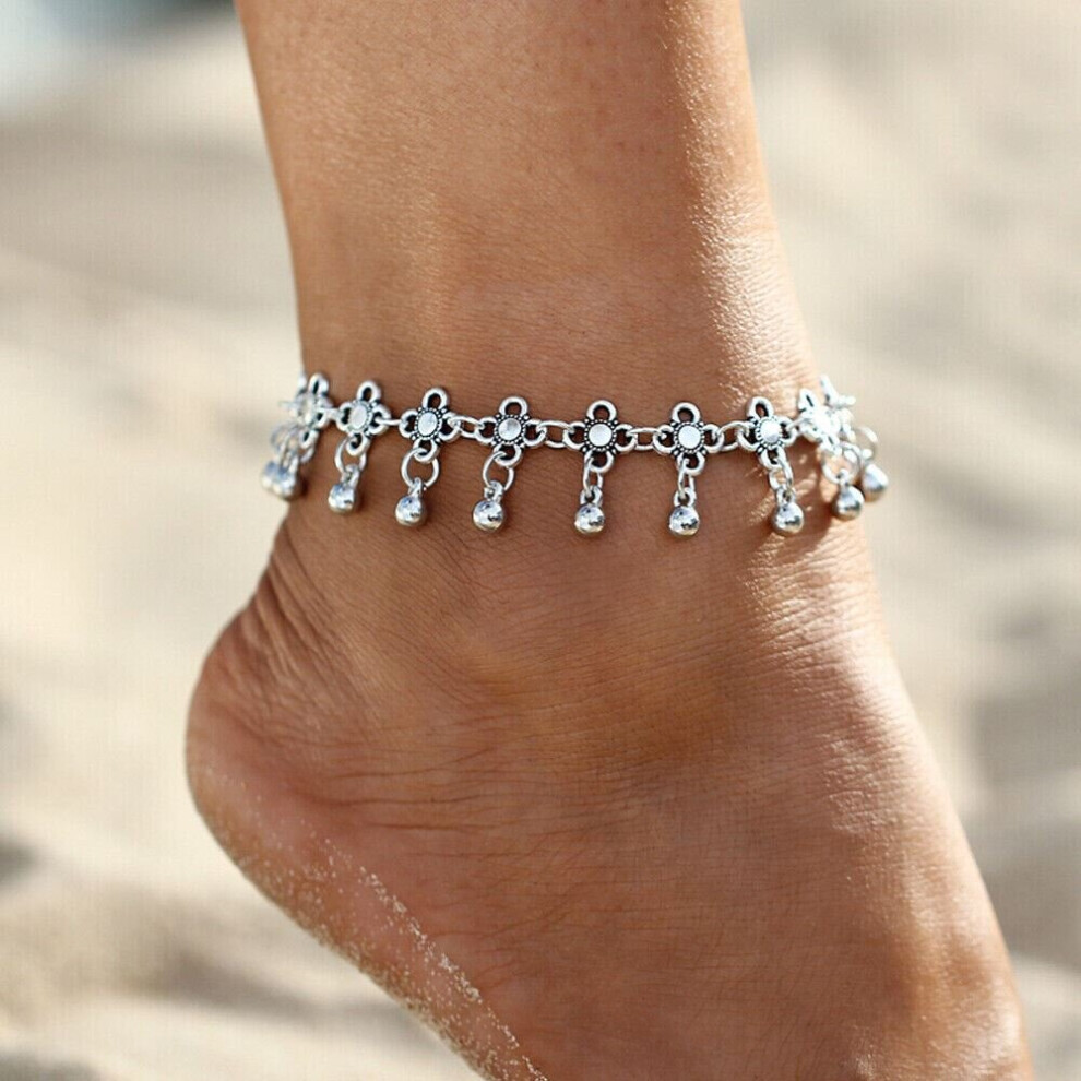 Women Silver Anklet Dangle Flower Boho Beach Foot Ankle Bracelet Adjustable