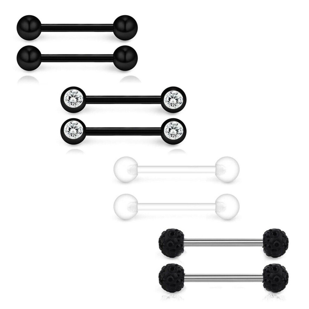 (Black) 8Pcs Tongue Bar Surgical Steel Barbell Eyebrow Tragus Ear Nipple Piercing Gem