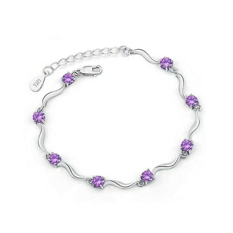 (Purple) 925 Sterling Silver Bracelet Elegant Crystal Linked Charm Bangle for Women