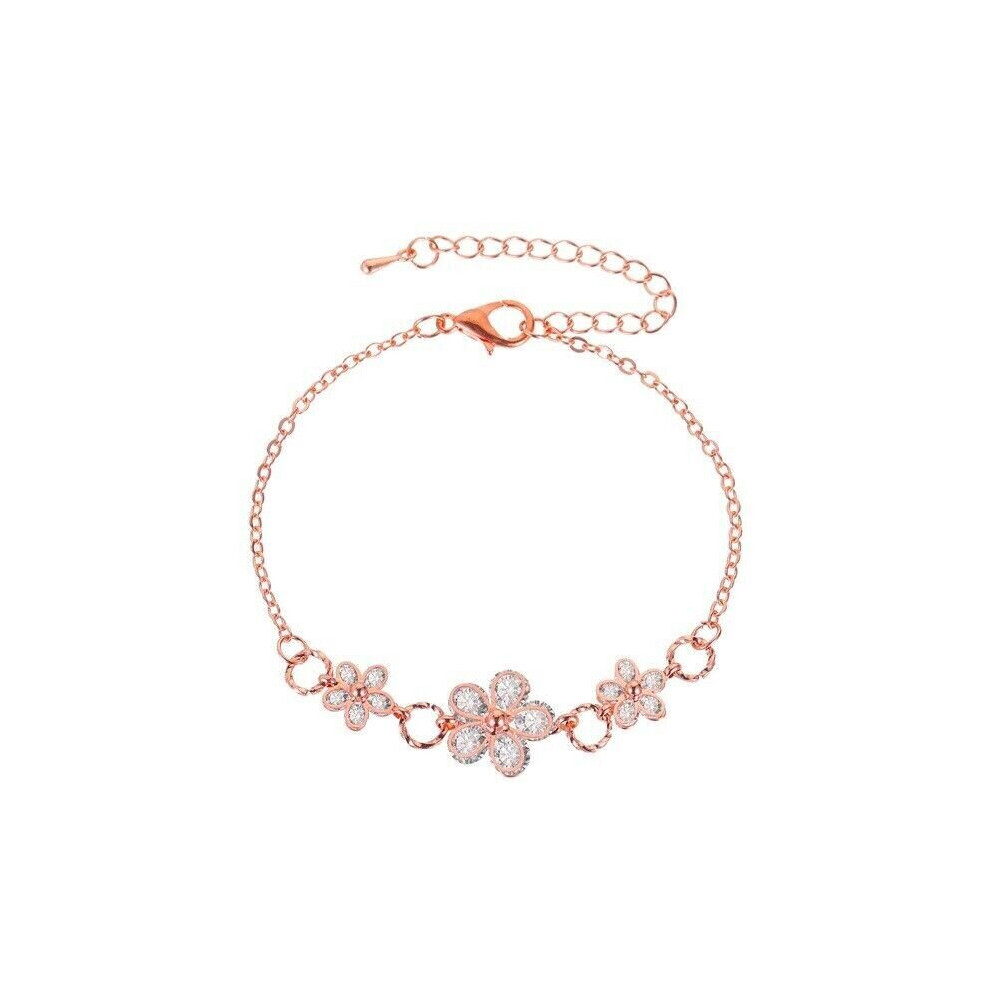 (Rose Gold) Crystal Silver Gold Zircon Flower Bracelet Adjustable Bangle Women Jewellery