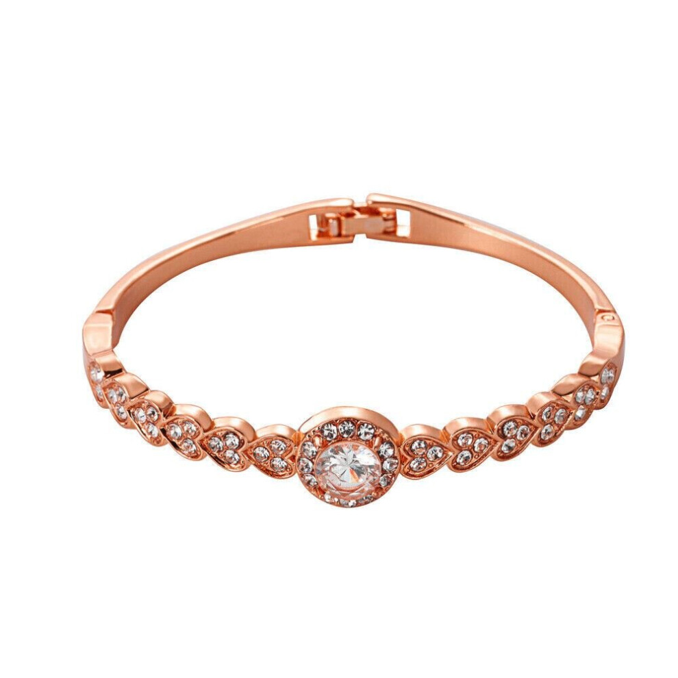 (Rose Gold) Women Ladies Silver Rose Gold Crystal Diamand Bangle Wedding Bridesmaid Bracelet