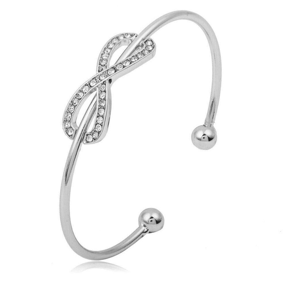 (Silver) Ladies Silver Gold Infinity Friendship Crystal Charm Bridesmaid Bracelet Bangle