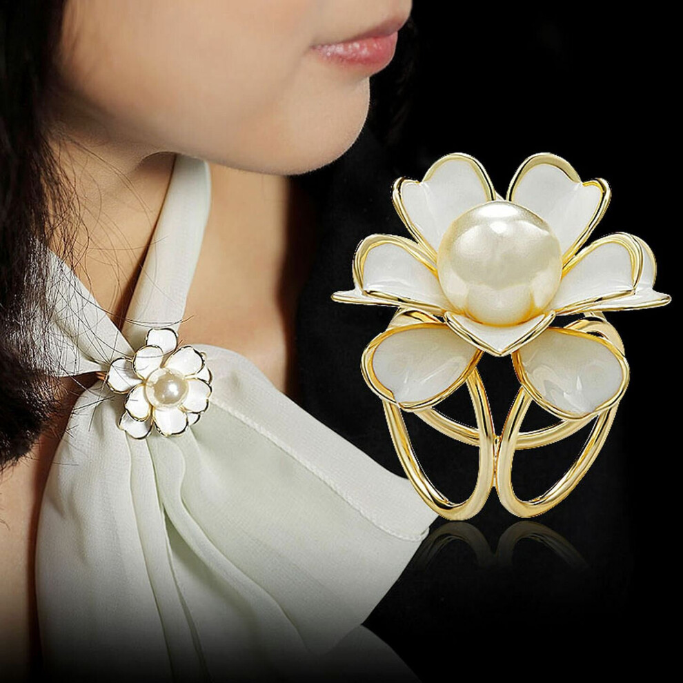 (White) Flower Holder Women Ladies Elegant Silk Scarf Buckle Ring Clip Jewellery Pin