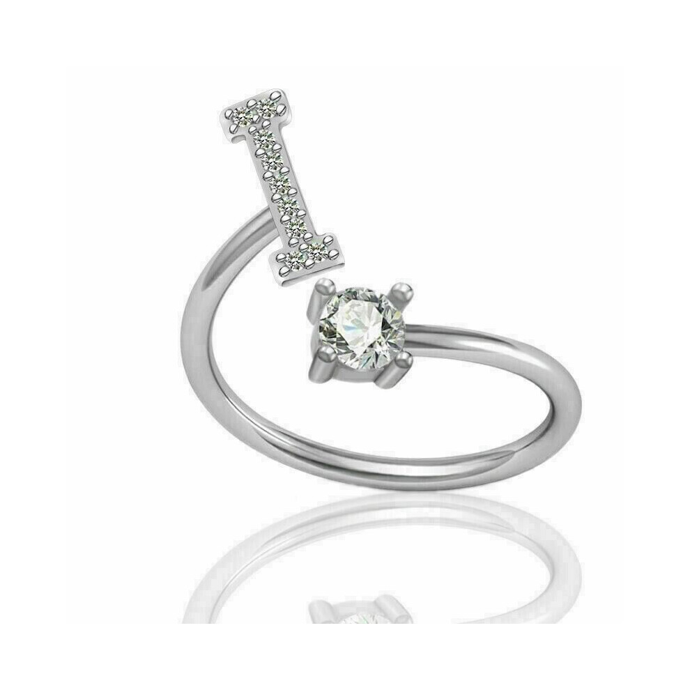 (I) Women Girls Initial Letter Ring Silver Adjustable Alphabet Rings Friendship Gift