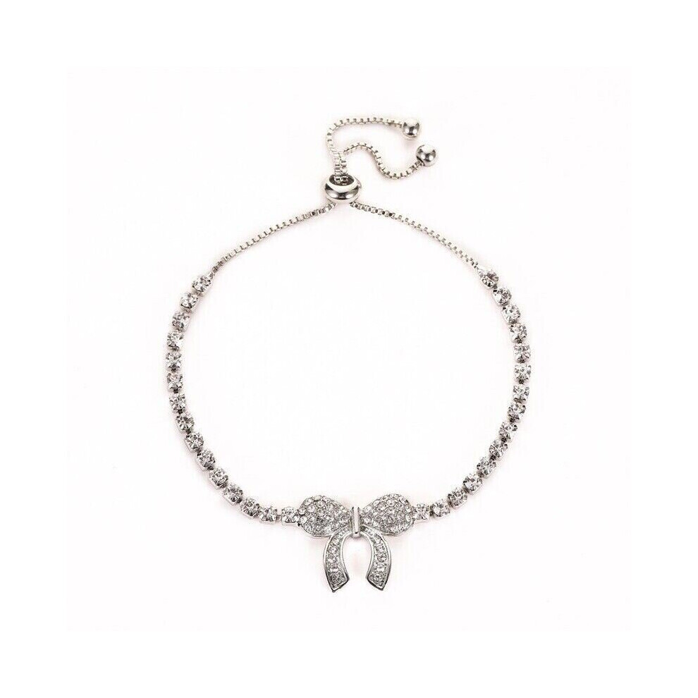 (Silver) Adjustable Bow Knot Charm Bracelet Women Girls Crystal Bridal Jewellery Gift