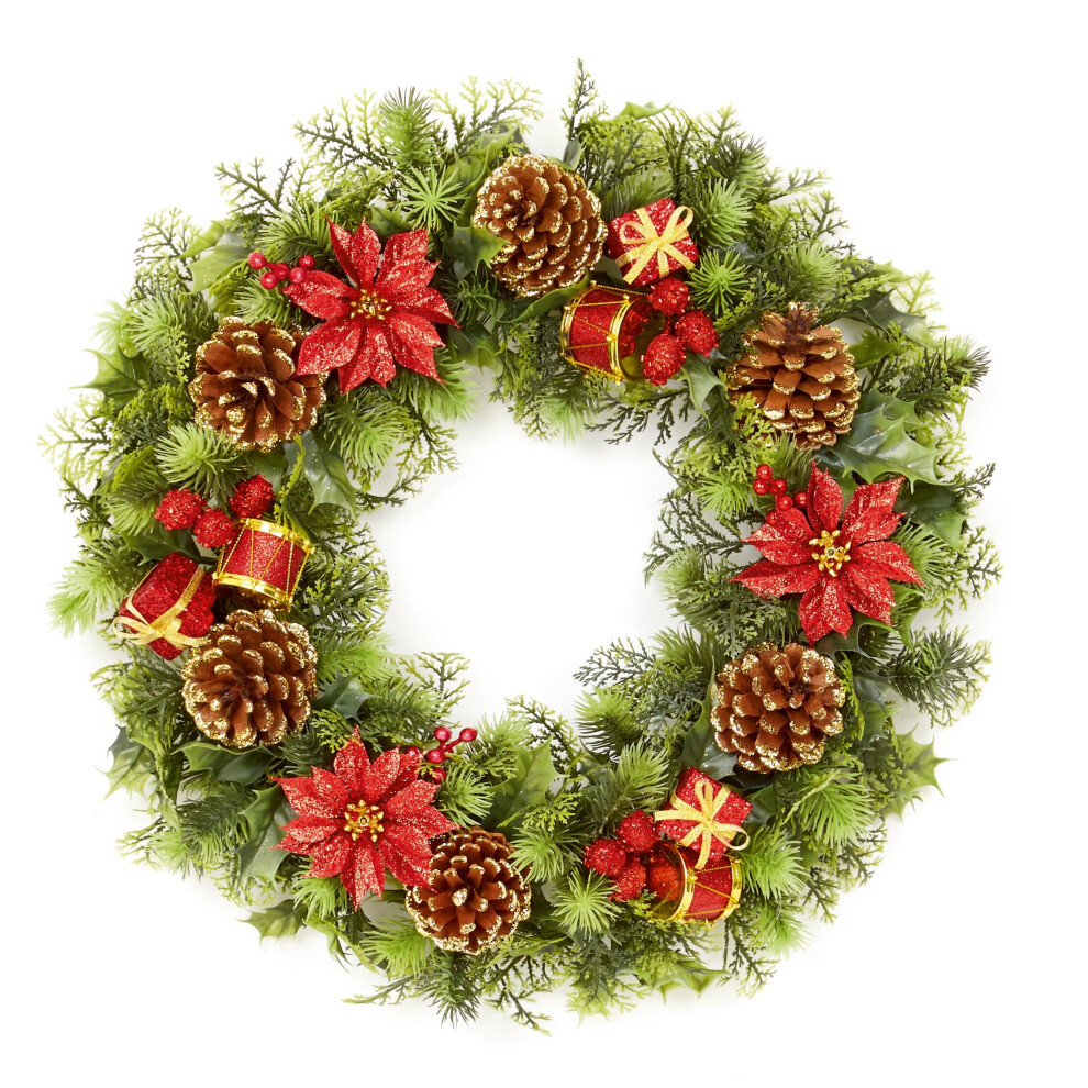 Premier Dressed Artificial Christmas Wreath Decoration Poinsettia Cones 45Cm Red