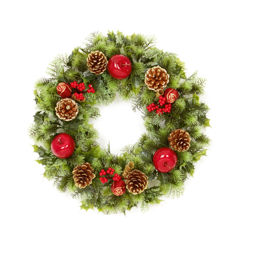Premier Dressed Artificial Christmas Wreath Decoration Apples Pine Cones 45Cm Red
