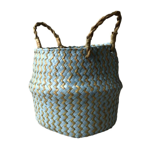 Natural Seagrass Woven Storage Basket For Home Decorations - Blue