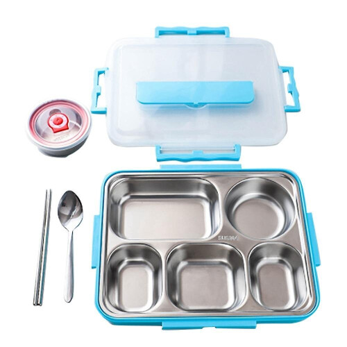 5 Compartments Lunch Box Stainless Steel Leak-proof Bento Boxes(blue)