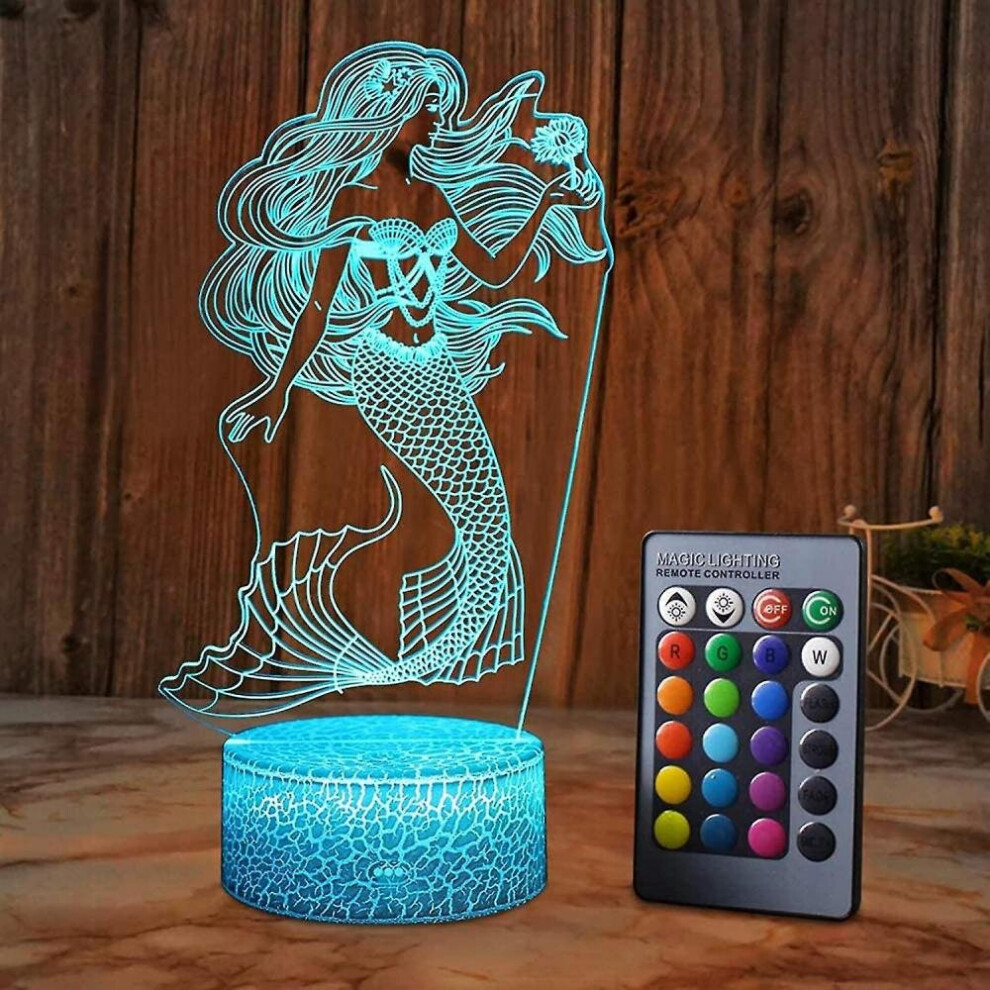 Shxx Mermaid 3D Illusion Lamp For Girl Mermaid Lamp Christmas Birthday Gift The Little Mermaid Led Night Light 16 Colors Changing For Kids Boy Child3D