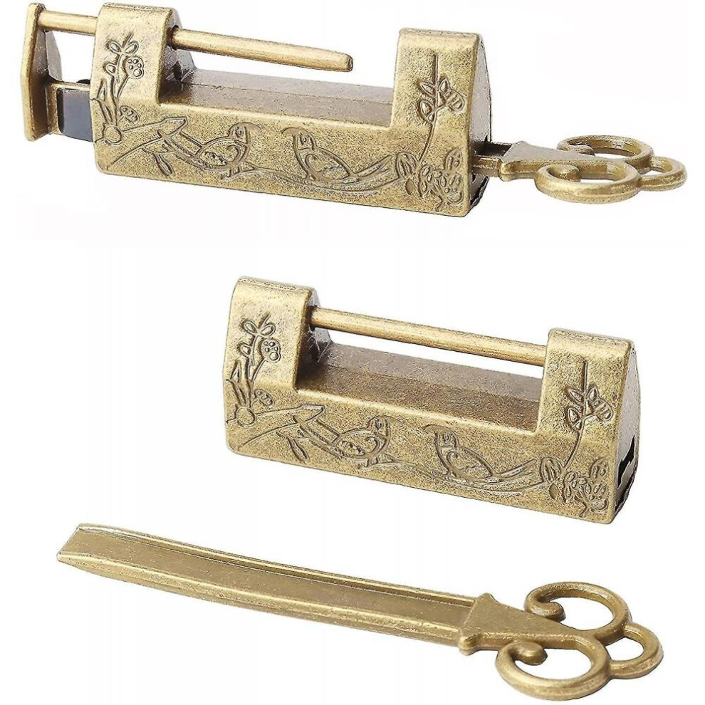 2 Pcs Antique Chinese Padlocks Vintage Lock With Key (flower Bird Carved)-image-OPC-P9WDXSQ-NEW