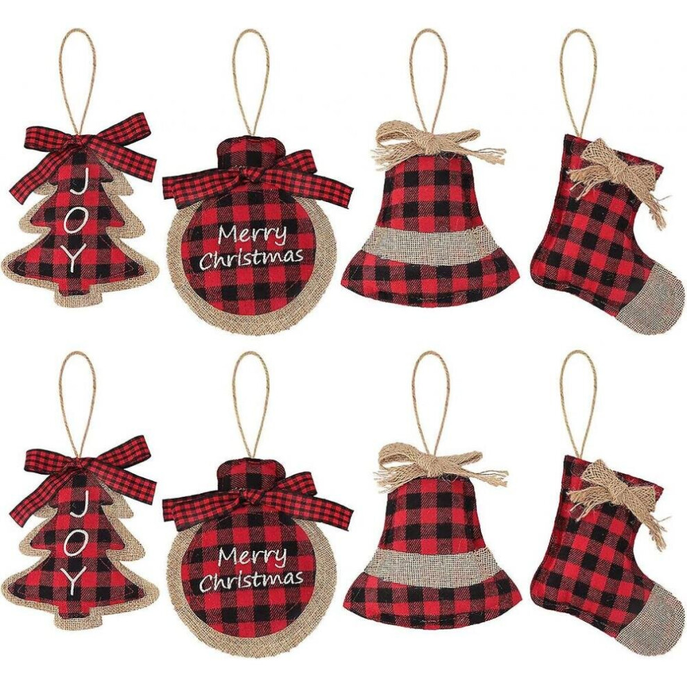 8 Pcs Red And Black Buffalo Plaid Stitching Burlap Ornaments