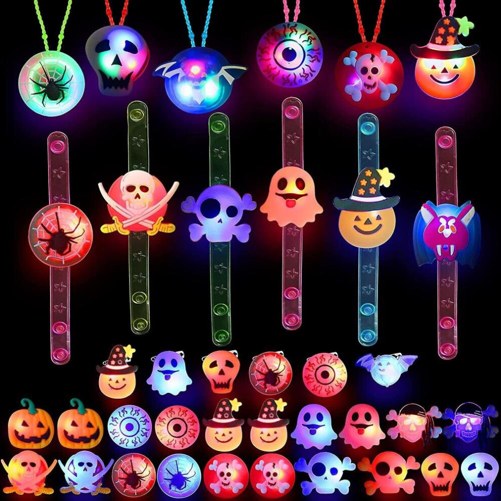 Halloween Party Favors Toys For Kids 24 Pieces Halloween Led Light Up Ring Necklaces Bracelets Brooch - Halloween Light Up Toys Glow In The Dark Party