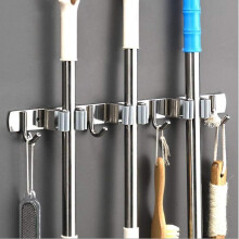 Wall-mounted Broom Holder - SUS 304 Stainless Steel, 3 Slots + 4 Hooks, for Kitchen, Garage, Laundry Room, 2-in-1 installation (Sticker or Screws)