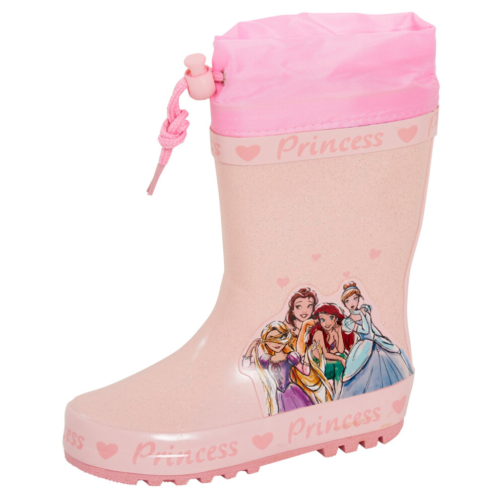 (6 UK Child) Girls Disney Princess Tie Top Wellies Warm Lined Wellington Boots Kids Snow Shoe