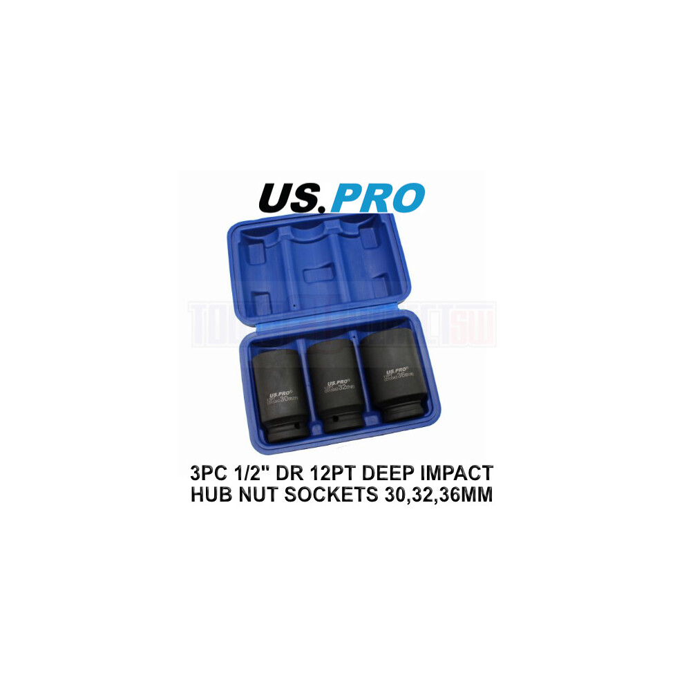 Us Pro Tools 3Pc 1/2" Dr 12Pt Deep Impact Hub Nut Sockets 30,32,36Mm 3687