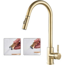 Suguword Kitchen Sink Mixer Tap with Pull Out 360° Swivel Spout 2 Water Modes High Arc Single Lever Brass Bathroom Mixer Tap, Brushed Gold