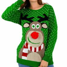 (Green, XL (UK 16-18)) New Womens Nose Pom pom Jumper Xmas Christmas Ladies Vintage Sweater Knitted Top