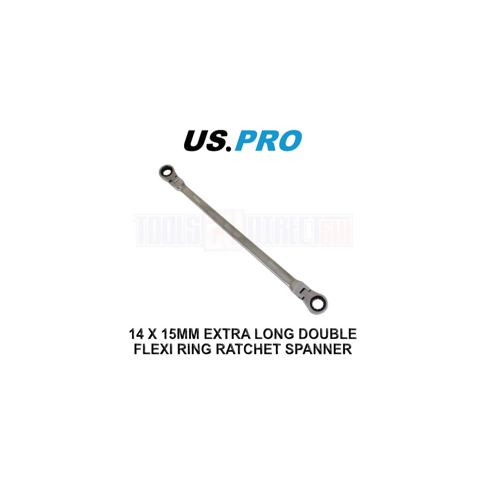 US PRO Tools Extra Long Double Ended Flex-Head Ratchet Spanner 14 & 15mm x 375mm 3870